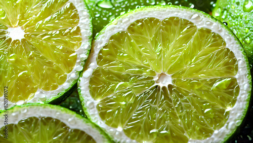 Juicy rings of fresh green lime with drops of water