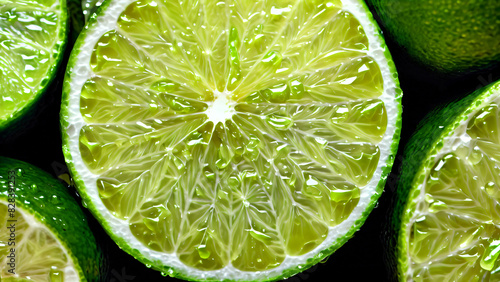 Juicy rings of fresh green lime with drops of water