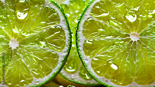 Juicy rings of fresh green lime with drops of water