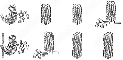 Set Of Linear Jenga Icons Collection Isolated Silhouette Solid Icons Including Jenga,Play,Destruction,Balance,Construction Outline Icons Collection. Simple Vector Illustration