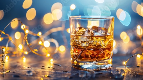 Whiskey with ice cubes in glass on background of lights