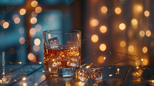 Whiskey with ice cubes in glass on background of lights