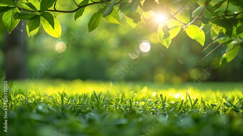Fototapeta Naklejka Na Ścianę i Meble -  A fresh spring sunny garden background of green grass and blurred foliage bokeh