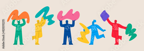 Art and business concept. Set of people holding abstract shapes. Colorful vector illustration