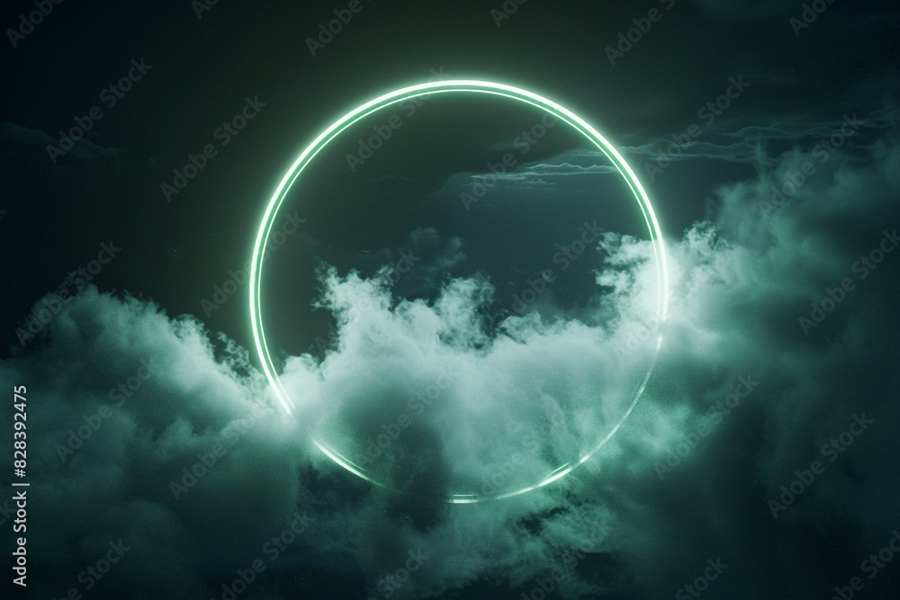 Swirling cloud in a dark sky framed by a bright sage green neon ring.