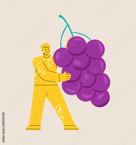 Man holding huge grape. Colorful vector illustration