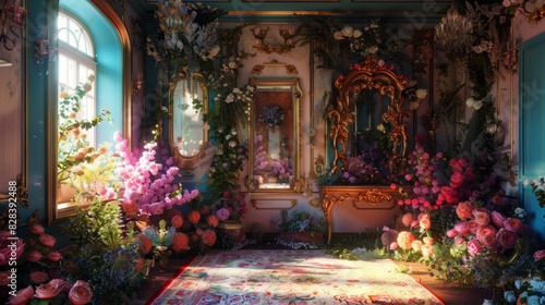 A room filled with lots of flowers and a mirror