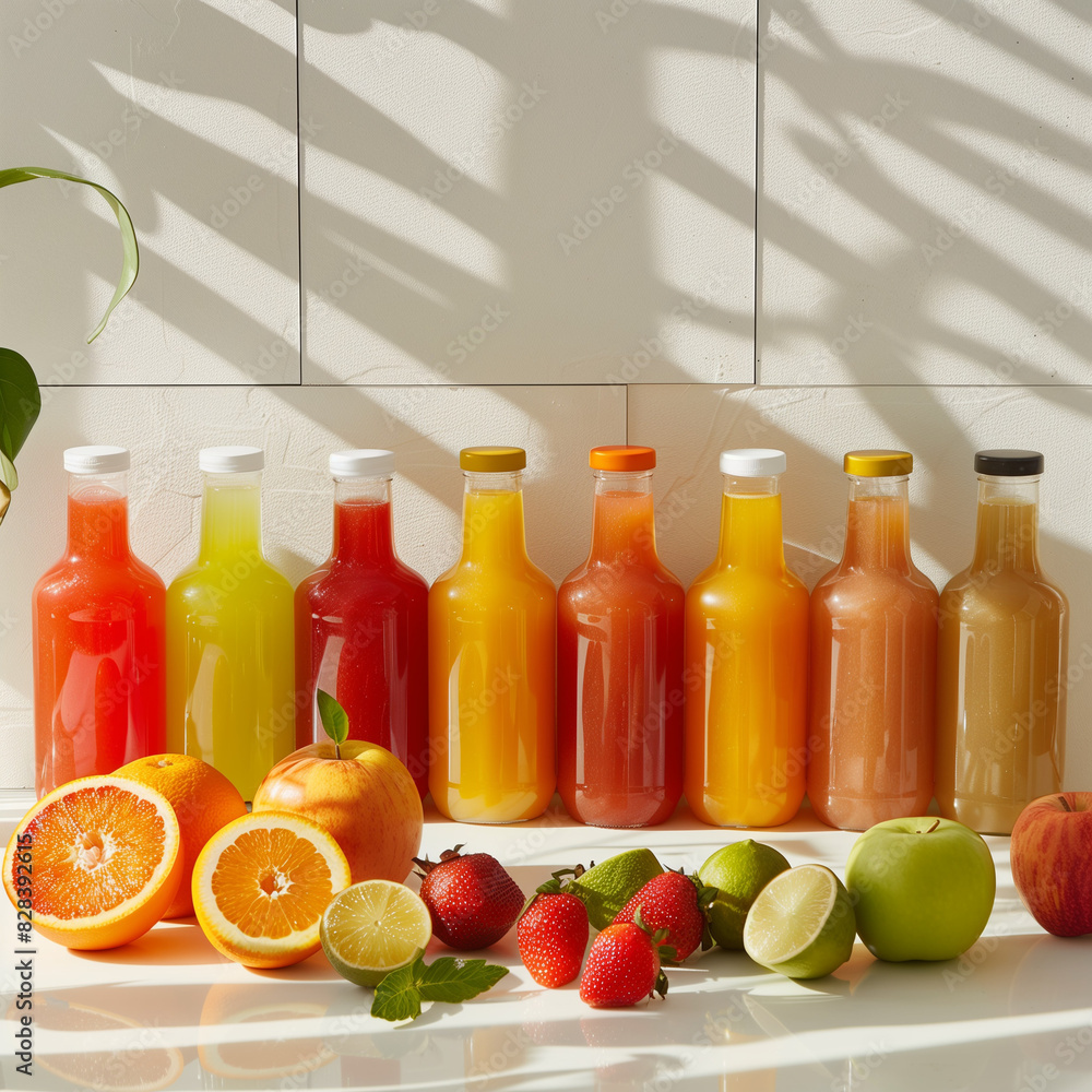 Variety of fresh fruit juices in different glass bottles, featuring vibrant colors from oranges, strawberries, and green apples, arranged on a white countertop Variety of fresh fruit juices in different glass bottles, featuring vibrant colors from oranges, strawberries, and green apples, arranged on a white countertop