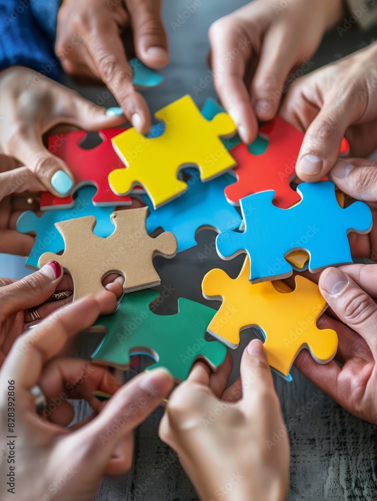 a group of people are putting together a puzzle piece. a group of people are putting together a puzzle piece.
