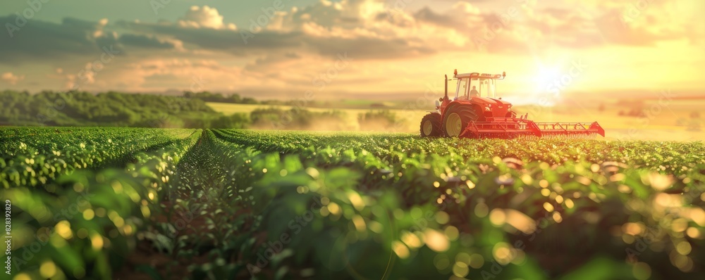 Fototapeta premium A tractor is driving through a field of green crops. The sun is setting in the background, casting a warm glow over the scene. Concept of hard work and the beauty of nature