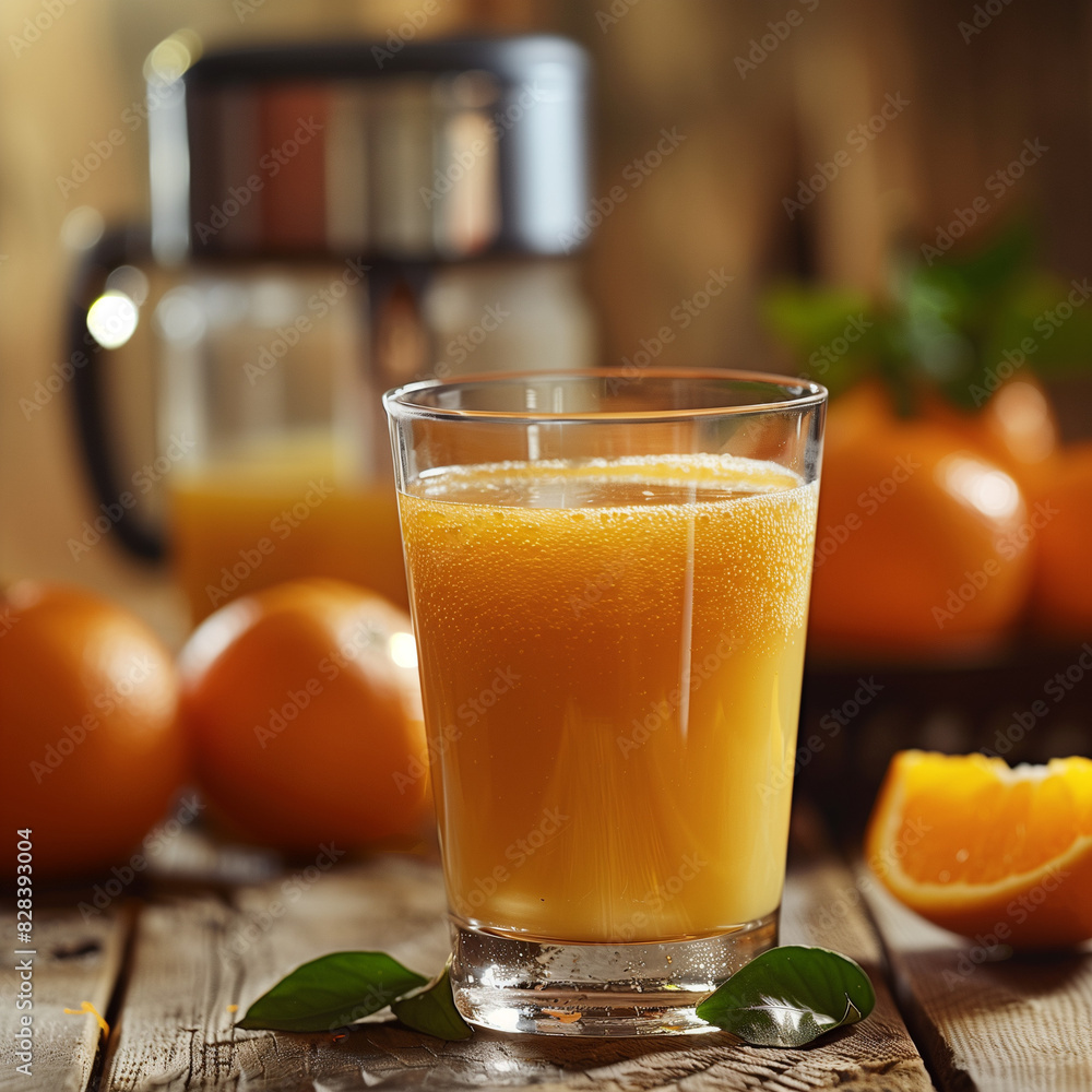 Close-up of a glass of freshly squeezed orange juice on a wooden table, with whole oranges and a juicer in the background Close-up of a glass of freshly squeezed orange juice on a wooden table, with whole oranges and a juicer in the background