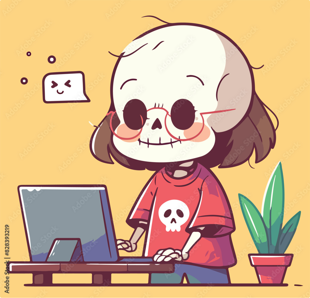 cute sekeleton using laptop, cartoon vector icon illustration, isolated and flat cute sekeleton using laptop, cartoon vector icon illustration, isolated and flat