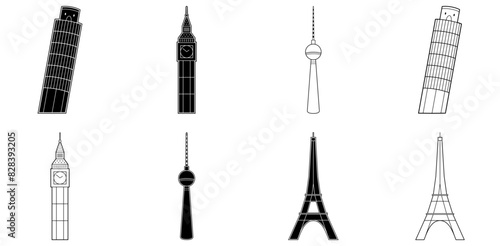 Set Of Famous Buildings Icons Web Header Banner Design Containing Monument,Cultural-Icon,Tower,Leaning-Tower-Of-Pisa,Germany Outline Icons Collection. Simple Vector Illustration