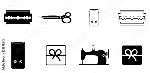 Set Of Essential Tools Icons Web Header Banner Design Containing Ribbon,Box,Gift,Cut,Trim Simple Black Style Symbol Sign For Apps And Website, Vector Illustration