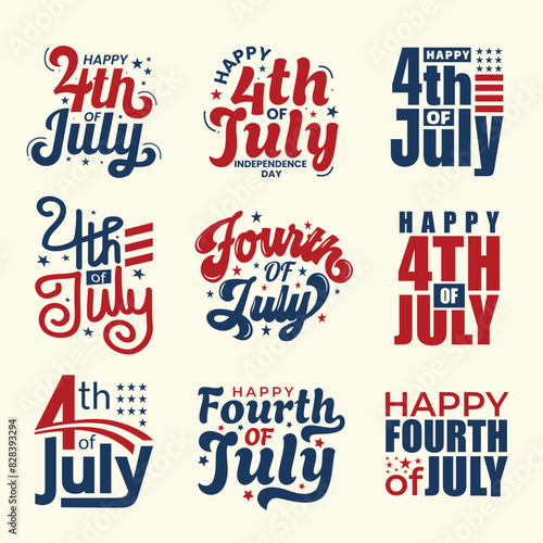 4th of July typography designs set with stars and American flag. Red and blue color text for Fourth of July holiday celebration. US Independence Day clip-arts for print. Happy Fourth of July logo