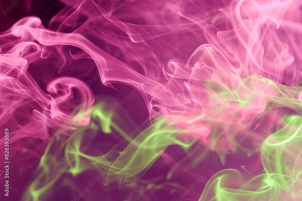 Fototapeta premium Soft pink and neon green smoke loop gently, enhancing an energetic concert vibe.