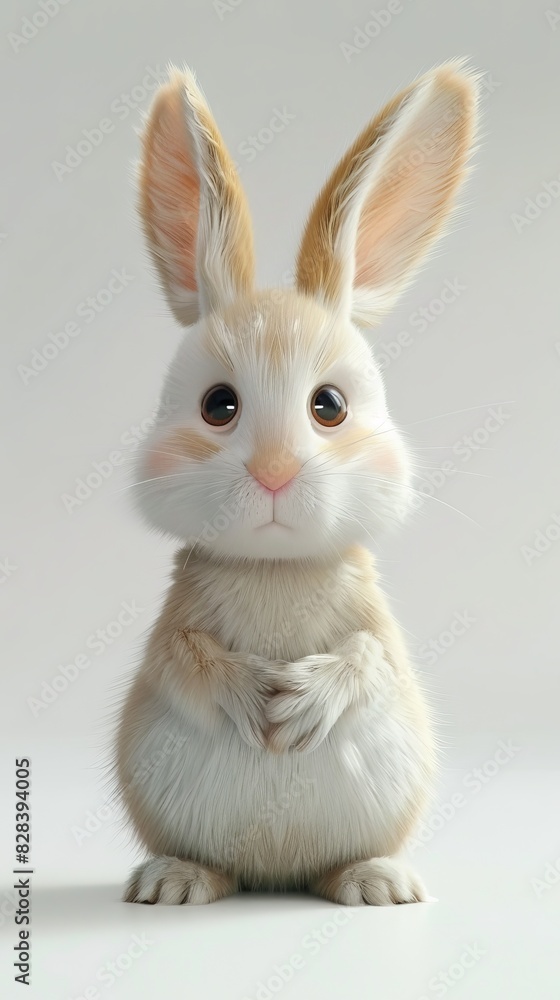 A small white rabbit is seated in front of a white backdrop A small white rabbit is seated in front of a white backdrop