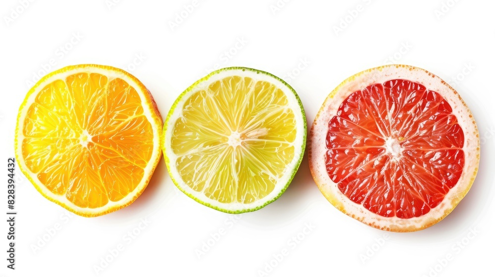 Fototapeta premium Fresh lemon grapefruit lime and orange slices isolated on a white background