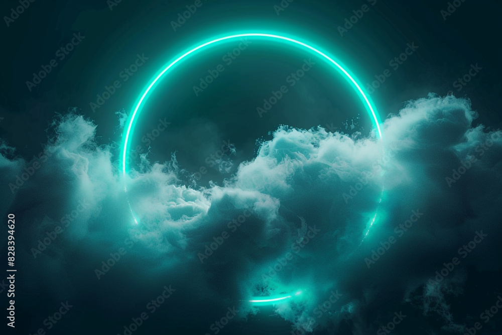 Dynamic teal neon ring around swirling dark clouds, captured in a 3D vertical frame. Dynamic teal neon ring around swirling dark clouds, captured in a 3D vertical frame.