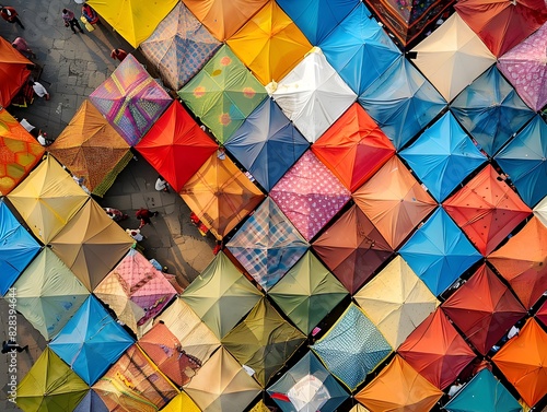 Aerial view of colorful tents arranged in an intricate pattern at the Bazaar NMENT market, showcasing its vibrant atmosphere and bustling activity
 photo