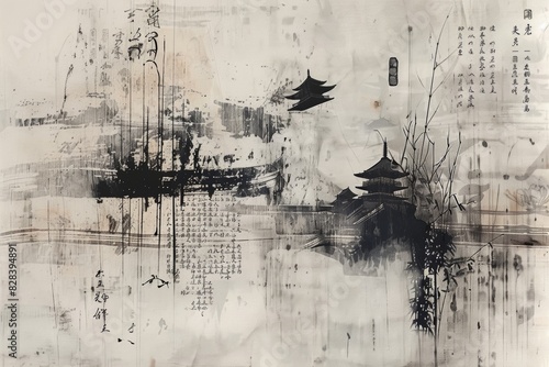 A painting of a city with a lot of writing in Chinese. The mood of the painting is serene and peaceful