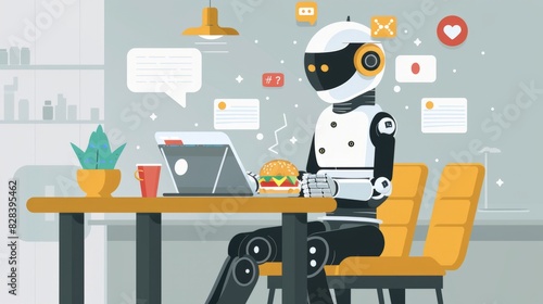 Seamless smart order food or auto reserve seat on social media app platform ask talk or text advice robot meal dining booking retail on laptop. AI chat bot help people for small SME asia B2C CRM IOT. 