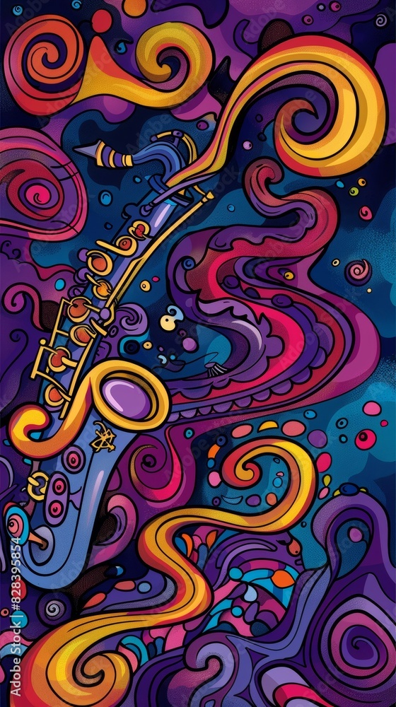 A painting of a saxophone displayed prominently against a vibrant purple backdrop