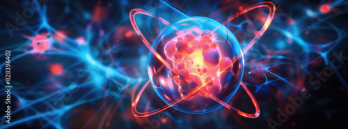Glowing atomic structure with blue and red energy particles.
