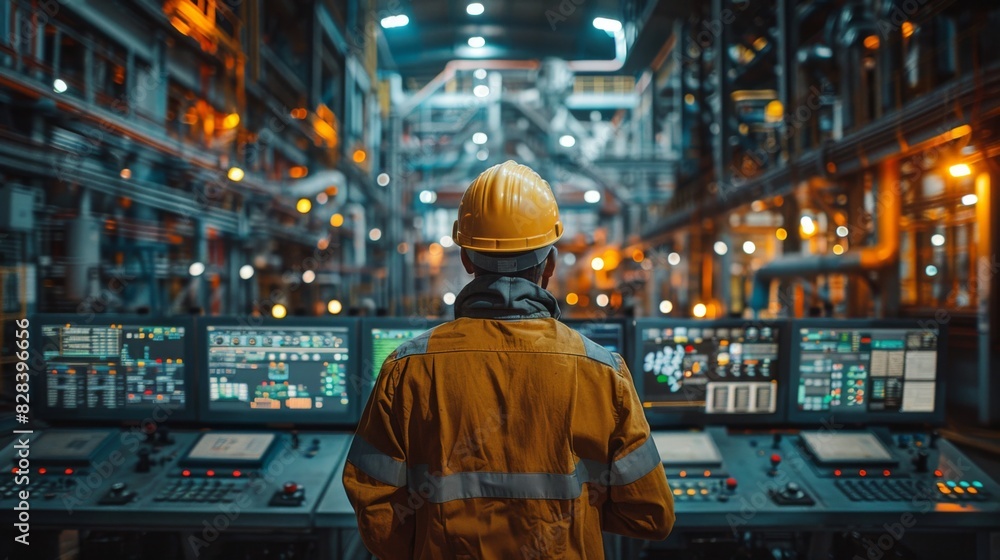 Industrial Engineer Monitoring Progress. Expert engineer in hard hat at control panel with multiple screens in an industrial Industrial Engineer Monitoring Progress. Expert engineer in hard hat at control panel with multiple screens in an industrial