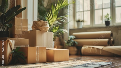 Stacks of packed cardboard boxes standing on the floor by windowsill and in the corner of living room with rolled carpets and domestic plant  photo