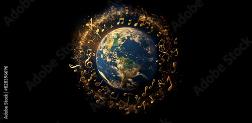 Fototapeta Naklejka Na Ścianę i Meble -  Earth with a circular band of golden musical notes, emphasizing the global impact of music