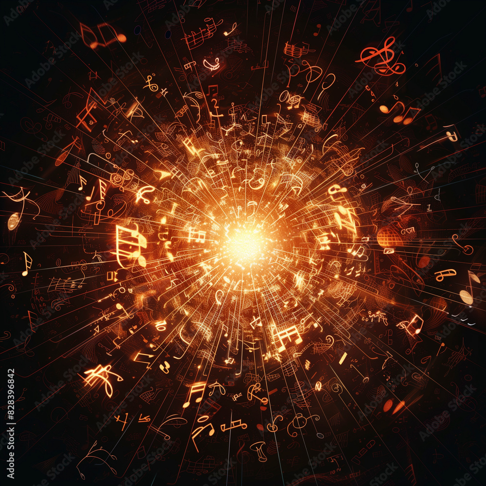 Musical notes and symbols radiating outwards from a luminous center ...