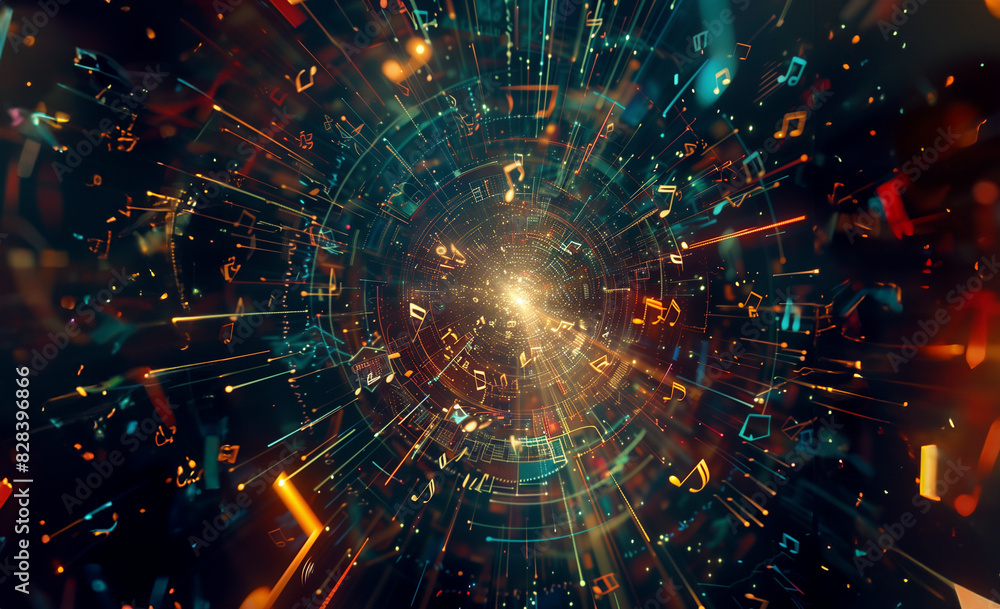 Musical notes and symbols radiating outwards from a luminous center ...