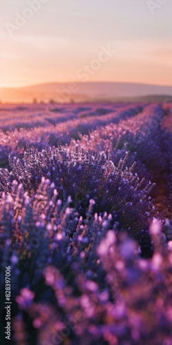 Lavender flowers cover the field as the sun sets in the background  casting a warm glow over the landscape
