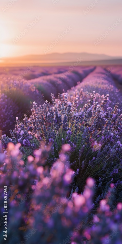 Naklejka premium A field of lavender flowers bathed in the golden light of a setting sun