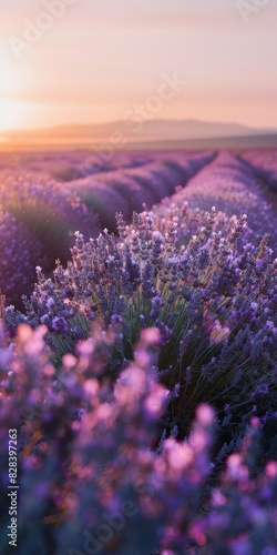 A field of lavender flowers bathed in the golden light of a setting sun