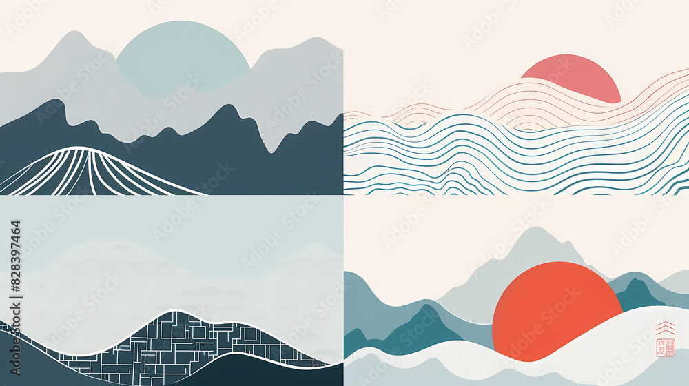 Set Mountain layout design in oriental style.Japanese background with line wave pattern vector. Abstract template with geometric pattern. Set Mountain layout design in oriental style.Japanese background with line wave pattern vector. Abstract template with geometric pattern.