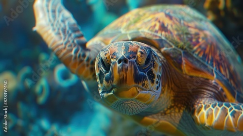 Close-up of a giant turtle swimming under the colorful sea.