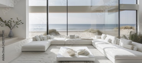 Minimalist living room in white color with a white modular sofa, panoramic windows displaying a summer beach, and modern decor 