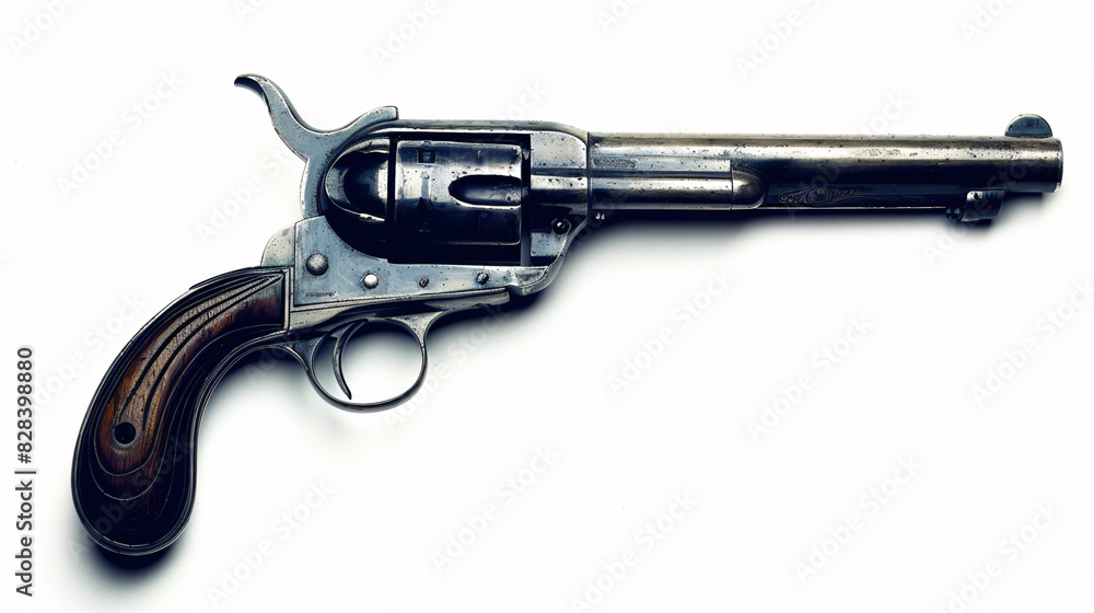 Antique revolver on white background. Isolated image of an antique revolver handgun with a wooden handle, ideal for historical or western-themed projects. Antique revolver on white background. Isolated image of an antique revolver handgun with a wooden handle, ideal for historical or western-themed projects.