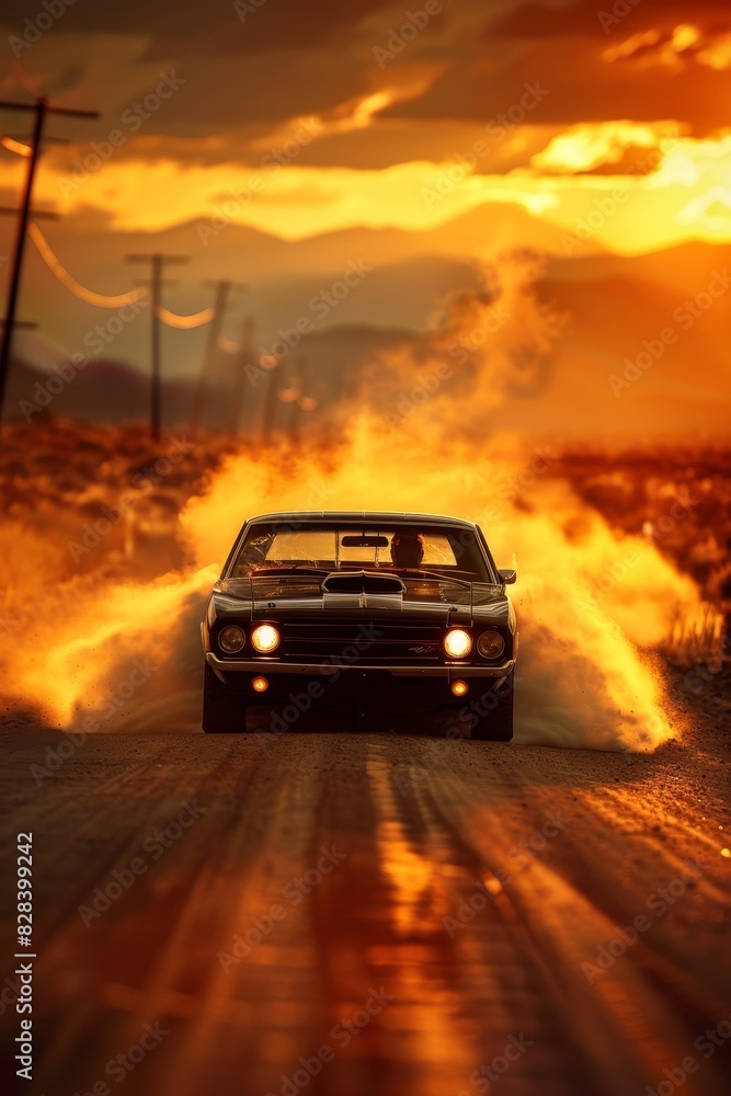 Muscle car kicks up dust in a dramatic sunset road scene Muscle car kicks up dust in a dramatic sunset road scene
