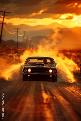 Muscle car kicks up dust in a dramatic sunset road scene