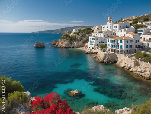 Breathtaking Mediterranean coastal village with white buildings and clear blue waters in Greece