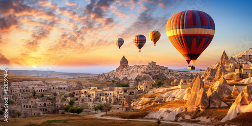 Hot air balloons floating over the rocks photo