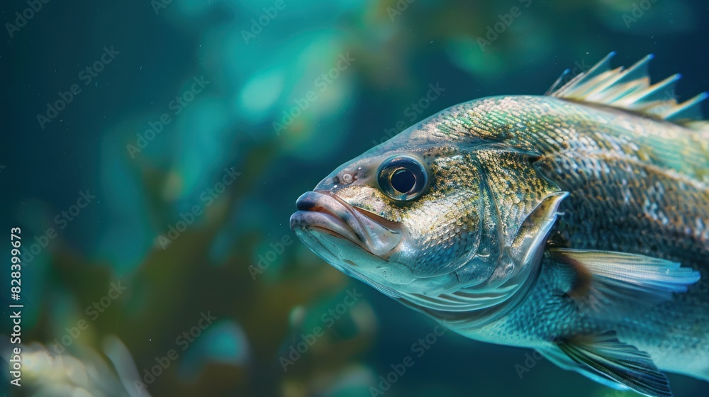 Close-up of a large, brightly colored sea bass swimming alone under the sea. Close-up of a large, brightly colored sea bass swimming alone under the sea.