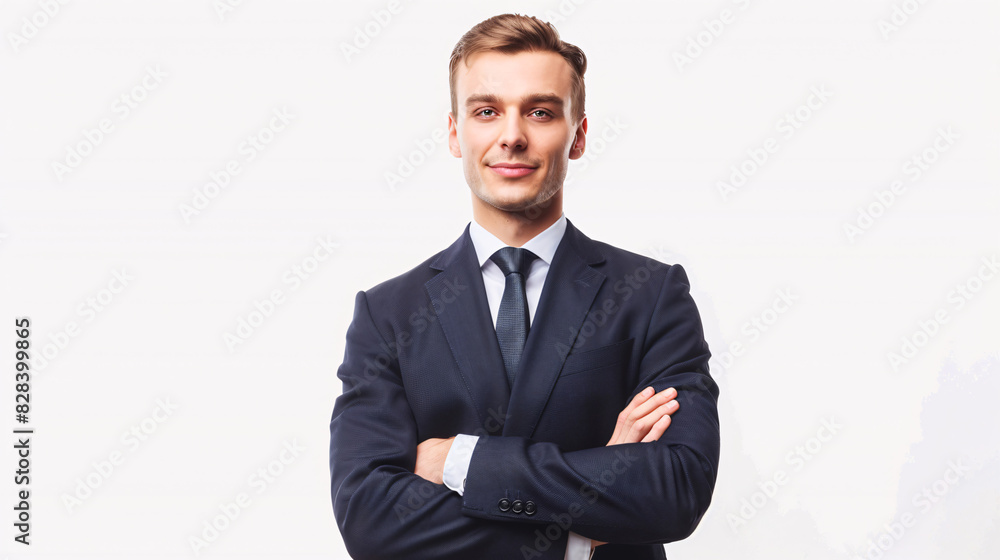 Confident businessman portrait. Young professional businessman in suit standing with arms crossed on white background, exuding confidence and success. Confident businessman portrait. Young professional businessman in suit standing with arms crossed on white background, exuding confidence and success.
