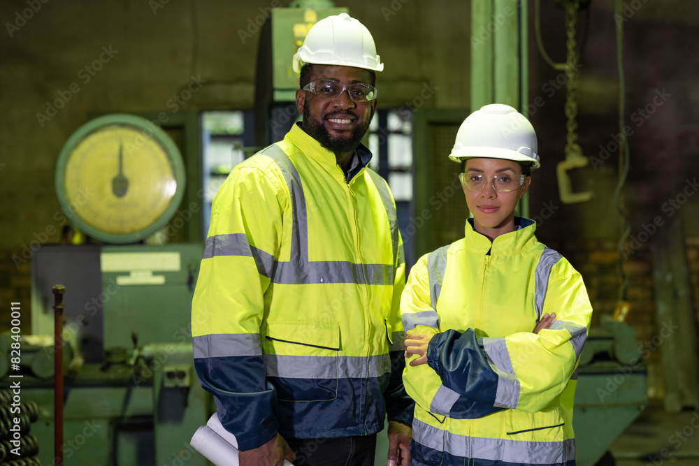 African American male and female engineers with blueprint working in heavy metal industrial factory. Confident two technician wearing vest and helmet safety standing at the manufacturing plant.
