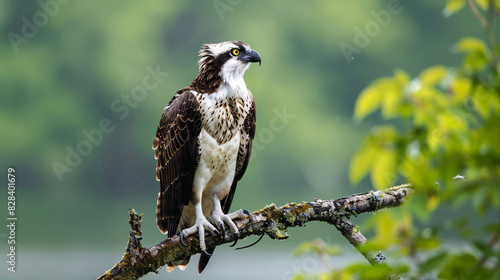 Osprey perched on branch. An osprey perches on a branch overlooking a lake, its sharp eyes scanning the water for fish.