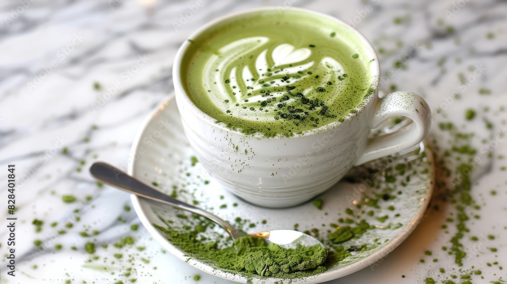 Green tea matcha latte displayed through art in a cup placed on the table Green tea matcha latte displayed through art in a cup placed on the table
