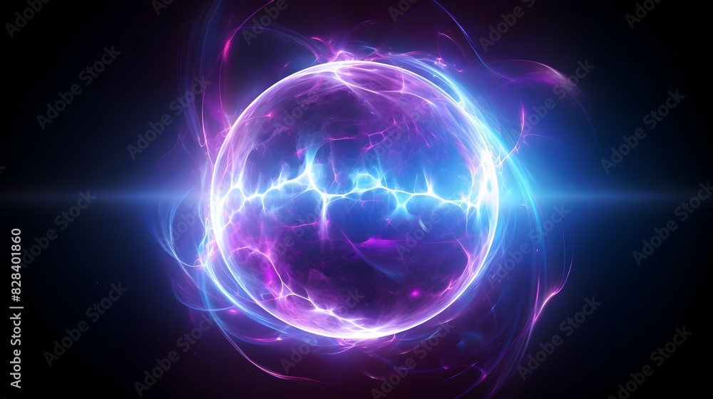 Obraz premium Brilliant Electromagnetic Plasma Sphere - Shimmering Blue and Purple Energy Field Visualizing Futuristic Scientific Concept